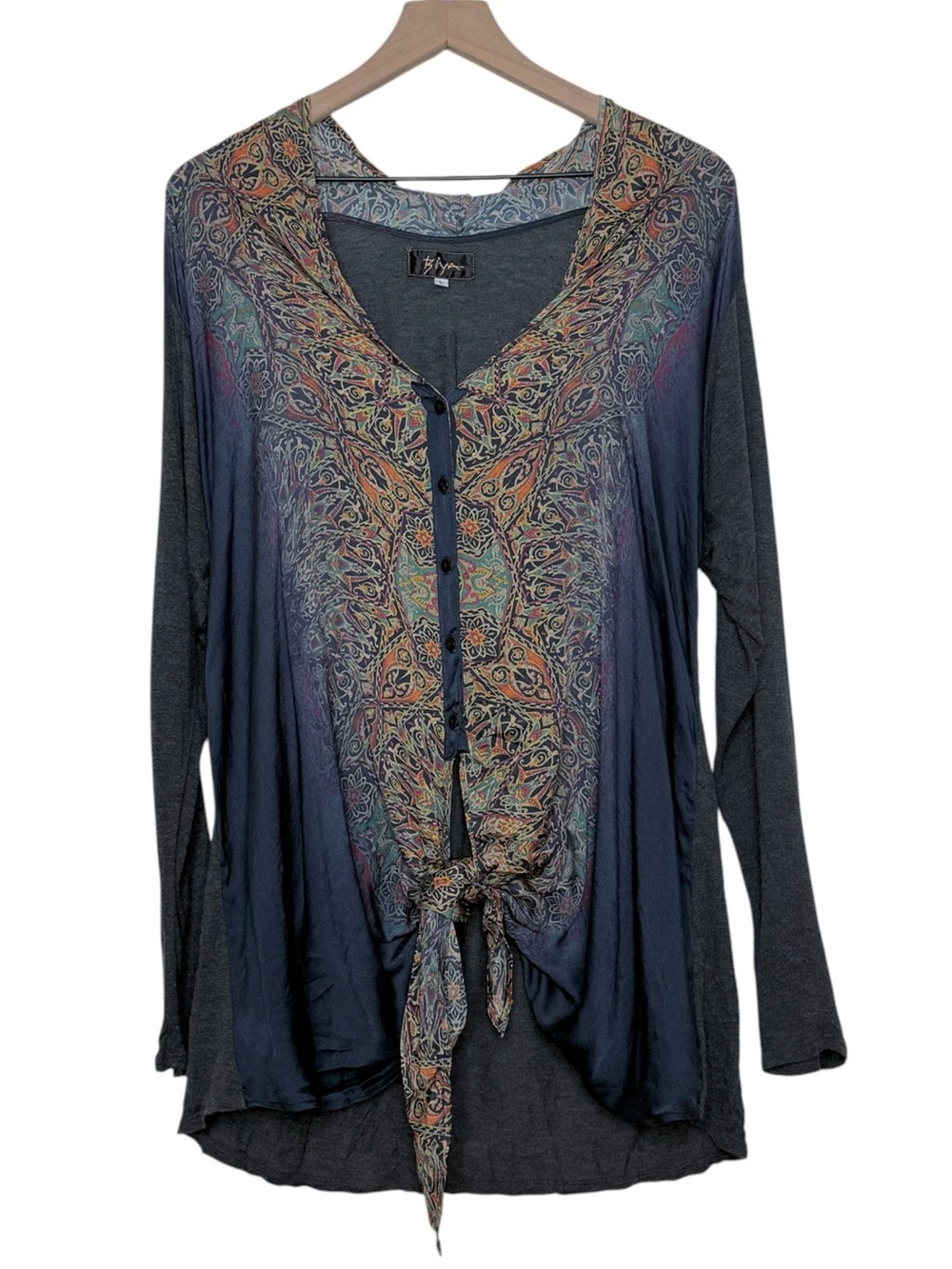 Biya Johnny Was Silk Button Up Tie Waist Long Sleeve Blouse Large Boho Hippie